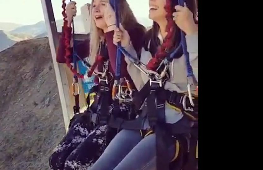 Girls Drop From Huge Canyon Swing