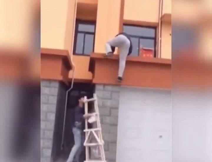 Lad Pranks Mate with Ladder